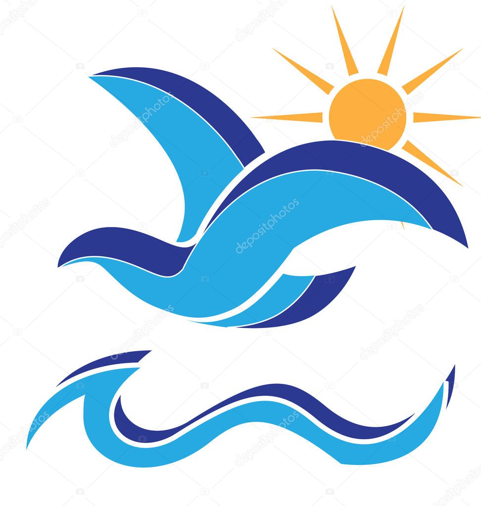 Bird flying on blue ocean waves icon vector logo (waves, sun,ocean)