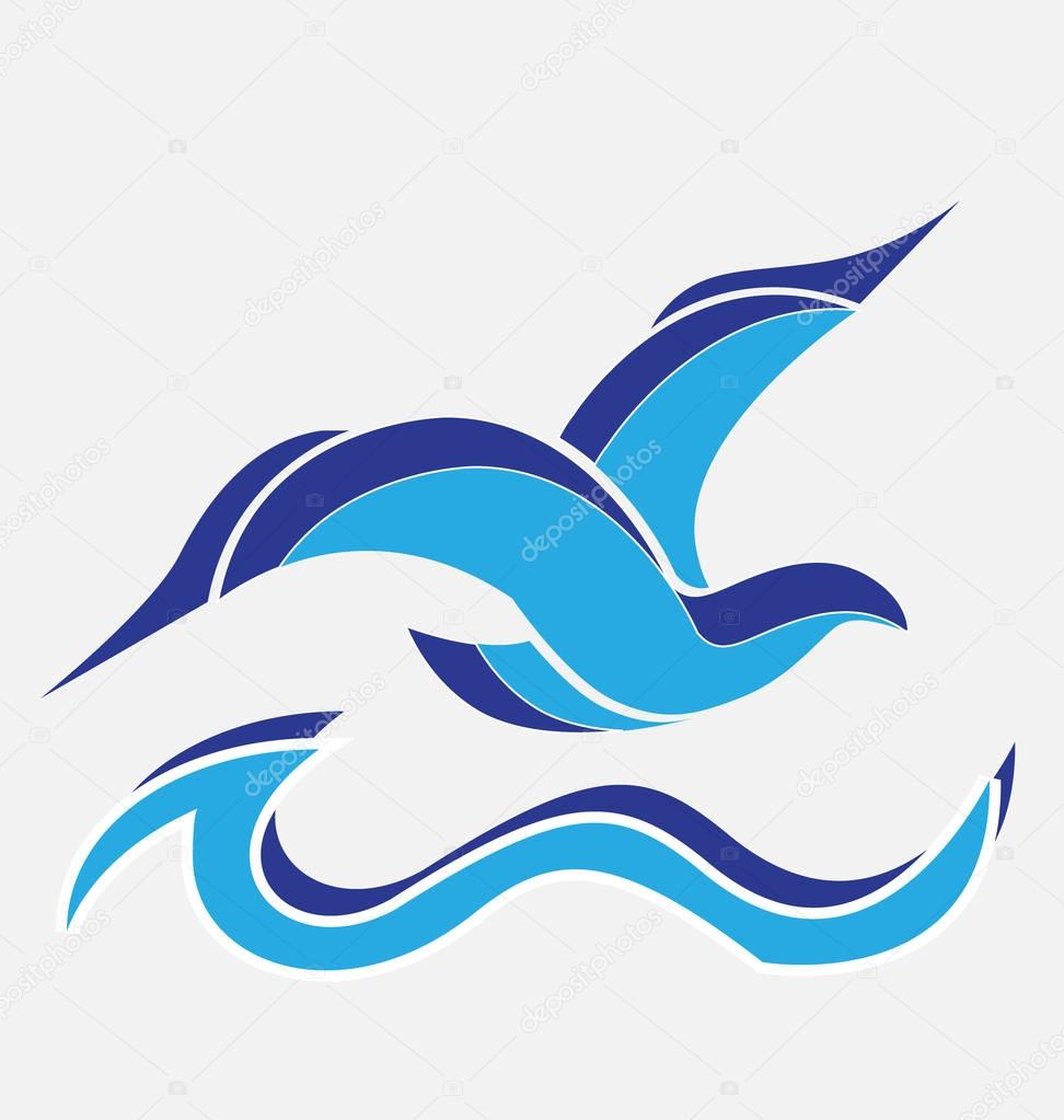 Bird flying on blue ocean waves icon vector logo (waves, sun,ocean)