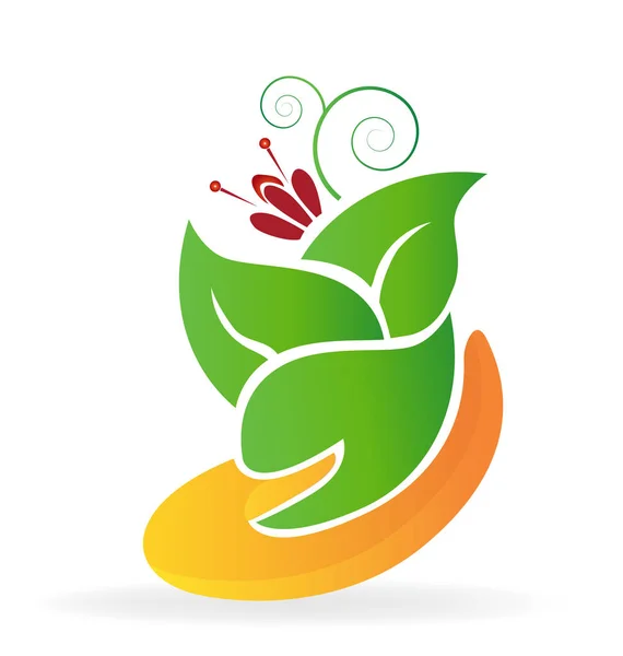 Mão e folhas logotipo do cuidado da flor —  Vetores de Stock