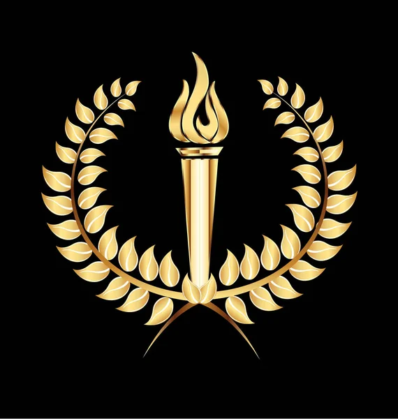 Złoty Laur z płomieniem palnika logo — Wektor stockowy
