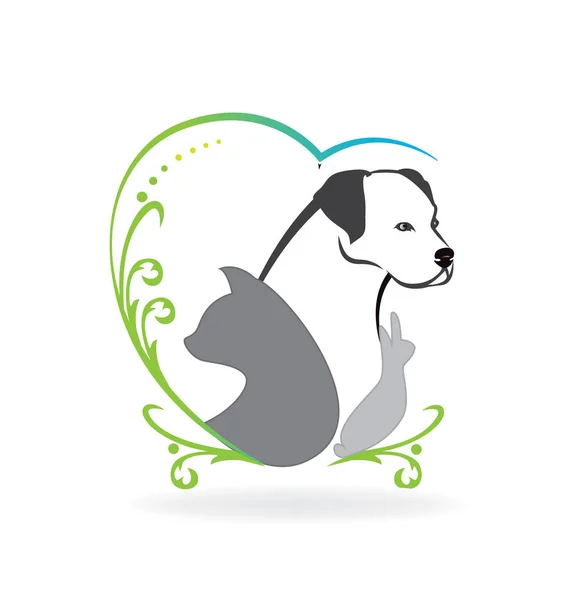 Perro gato pájaro y conejo amor corazón logo — Vector de stock