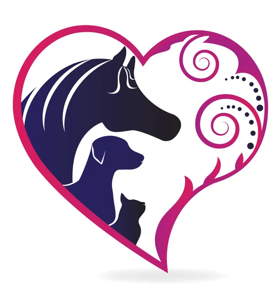 Paard kat en hond roze swirly hart liefde logo — Stockvector