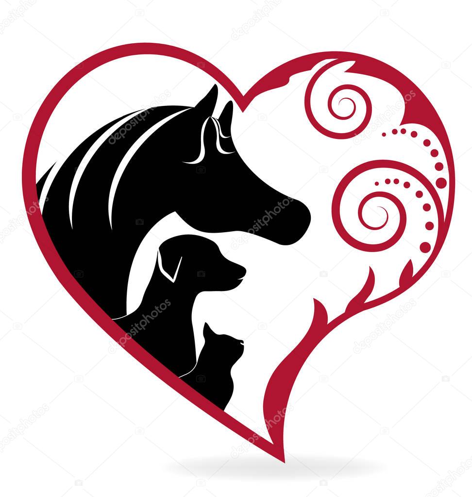 Horse cat and dog swirly heart love logo vector icon template
