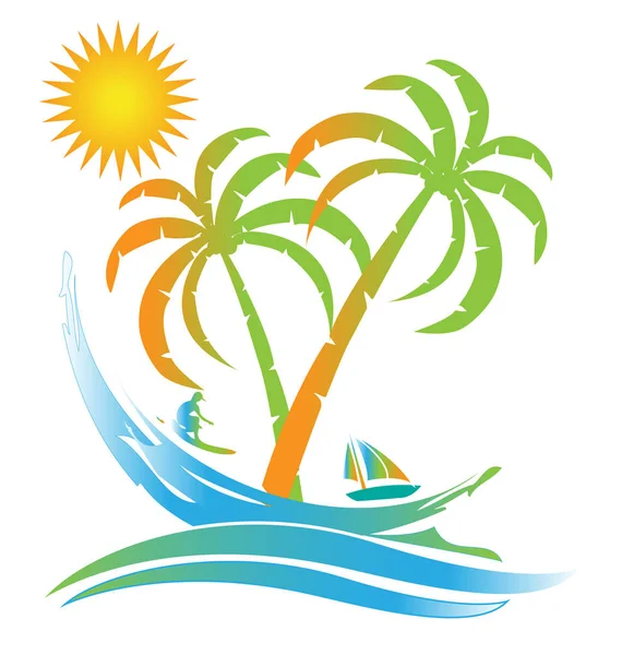 热带小岛阳光明媚的海滩天堂徽标 — 图库矢量图片