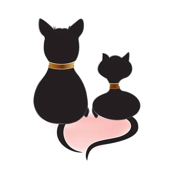 Cat and dog silhouettes doing a heart love with tails logo — Stock Vector