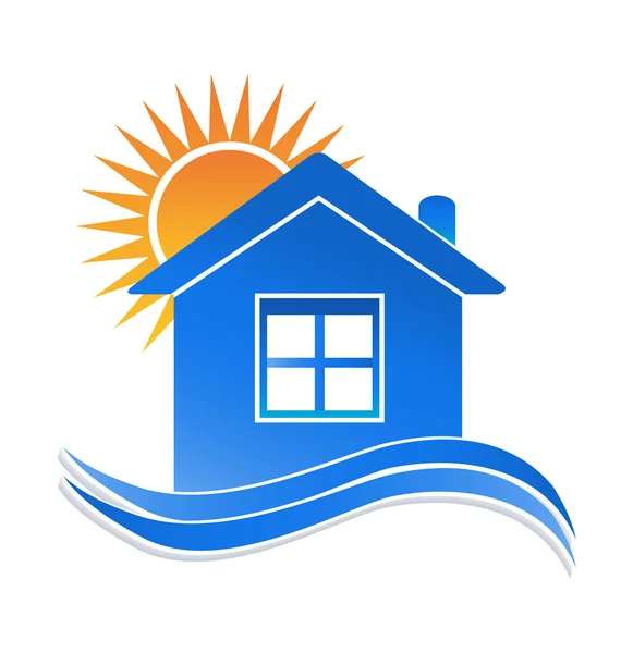 Логотип дома солнце и волны — стоковый вектор