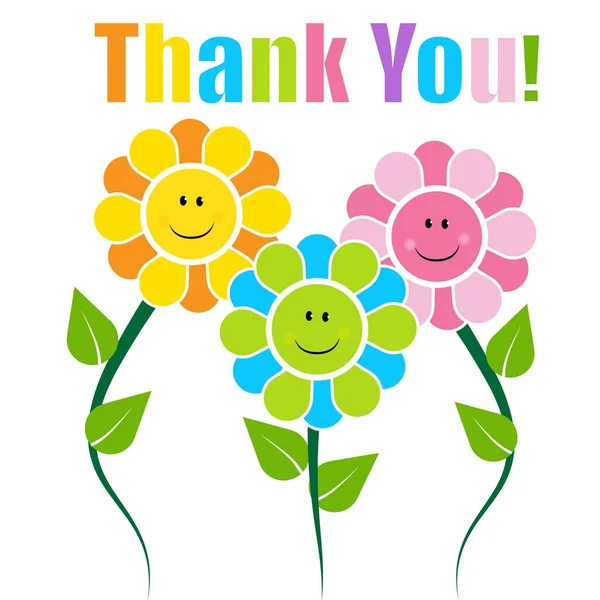 Ευχαριστήρια κάρτα με λουλούδια χαρούμενα πρόσωπα — Διανυσματικό Αρχείο