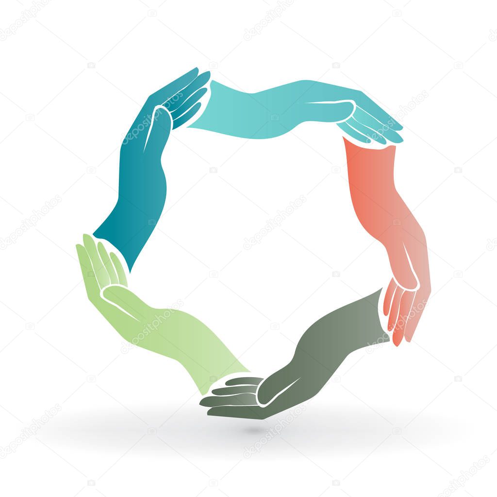 Teamwork hands hug around charity concept colorful logo vector