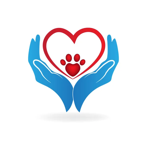 Руки Уход Лапой Отпечаток Питомца Любовь Сердце Знак Вектор Логотип — стоковый вектор