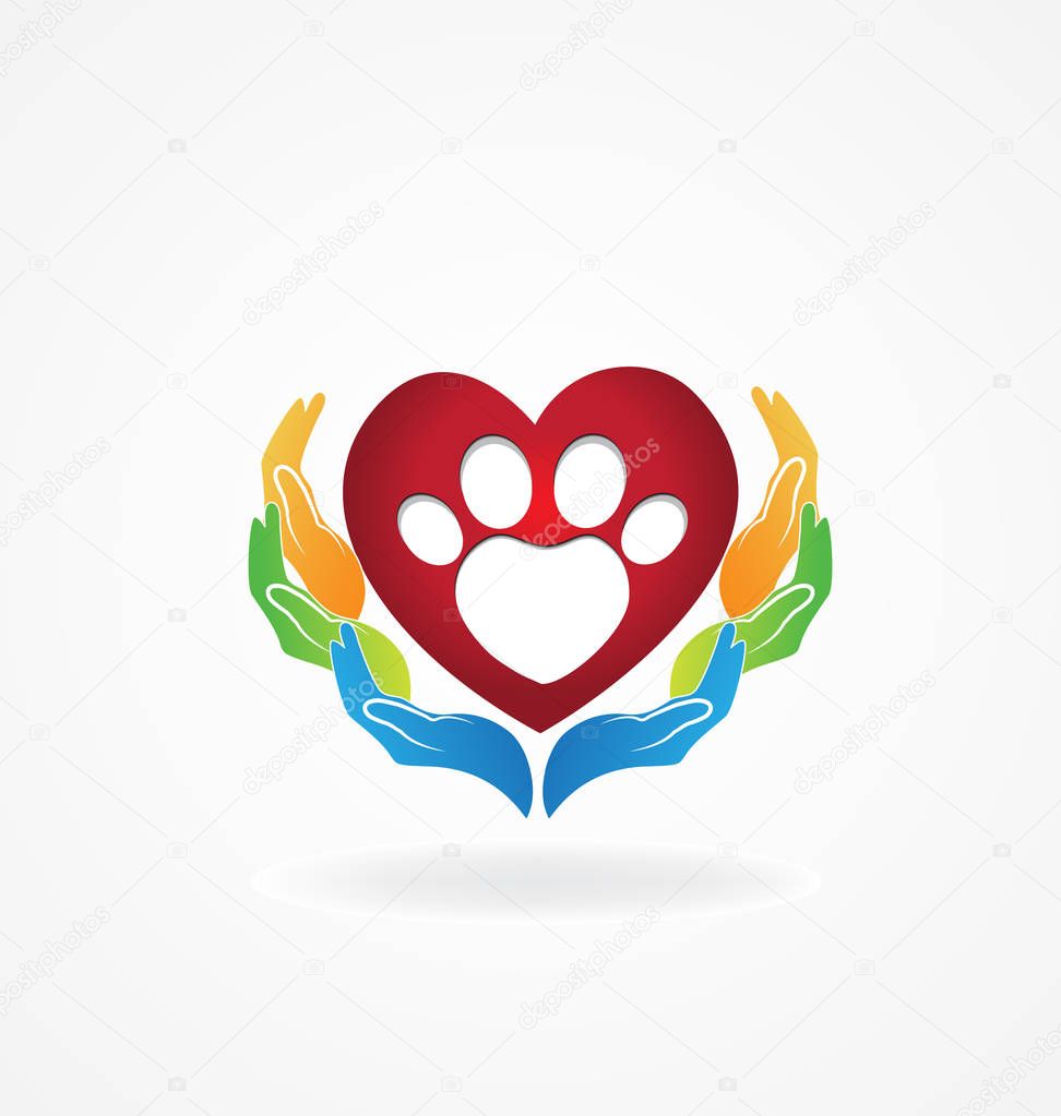 Hands caring a pet with love. Heart paw print logo icon vector