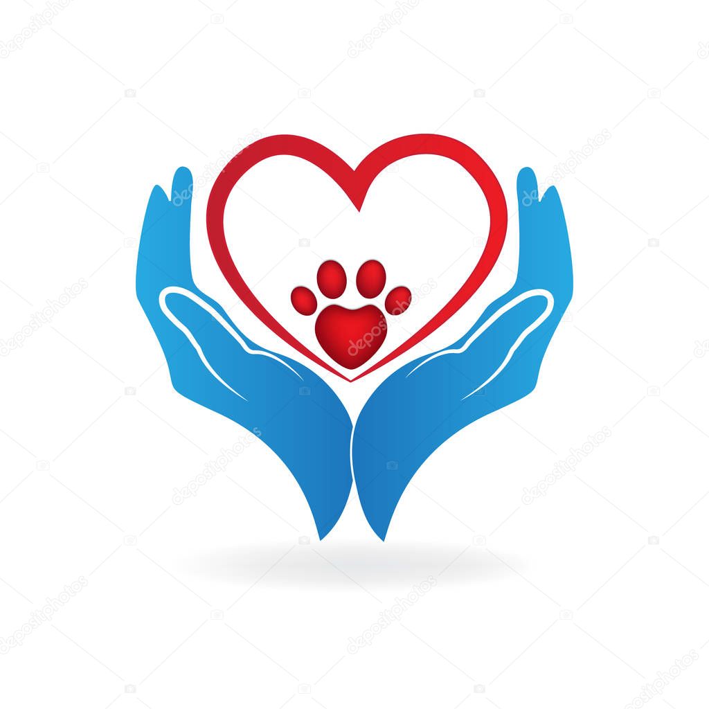 Hands caring a paw print pet love heart sign logo vector