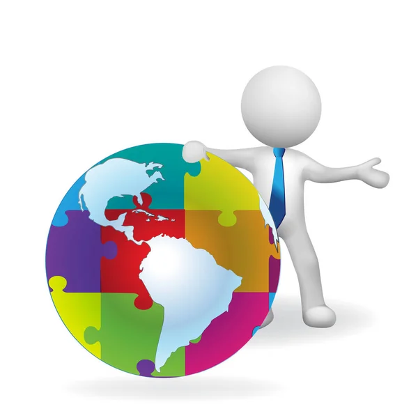 Homem Branco Com Quebra Cabeça Global Mapa Mundo Design Logotipo — Vetor de Stock