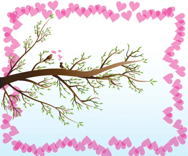 Aves de amor no cartão de árvore de ramo — Vetor de Stock