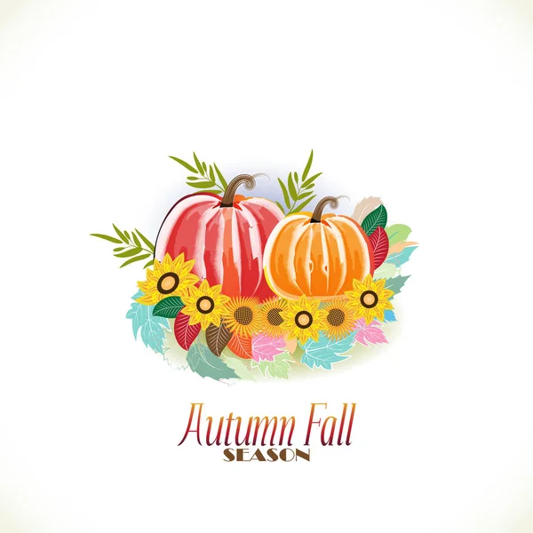 Otoño coloridas hojas de otoño con la tarjeta de felicitaciones de calabaza fiestas celebraciones — Vector de stock