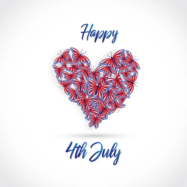 Pillangók zászló USA szív boldog július 4 nap logó — Stock Vector