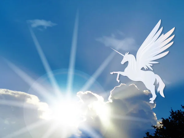 Mythical Divine Winged Unicorn Horse Flying Blue Shine Sky Vivid — Photo