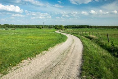 Yeşil çayırlar, ufuklar ve mavi gökyüzündeki bulutlar arasında dolambaçlı bir yol.