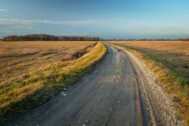 Kuru çayırlarda ve akşam gökyüzünde toprak yol