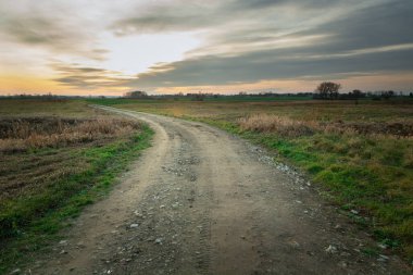 Toprak bir yolda ve tarlalarda dön, güzel bulutlu bir akşamda görüş.
