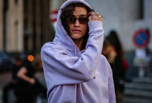 MILAN, Italy- September 19 2019: Woman on the street during the Milan Fashion Week.