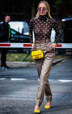 MILAN, Italy- September 19 2019: Leonie Hanne on the street during the Milan Fashion Week. clipart