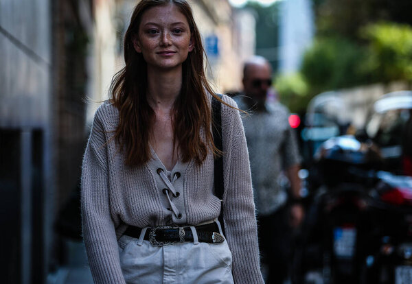 MILAN, Italy- September 20 2019: Model Sara Grace on the street during the Milan Fashion Week.