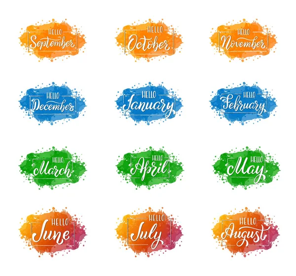 Ayların el yazısıyla yazılmış isimleri Aralık, Ocak, Şubat, Mart, Nisan, Mayıs, Haziran, Temmuz, Ağustos, Eylül, Ekim, Kasım. Modern Kaligrafi. Takvimler ve organizatörler için harfler.