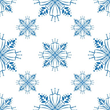 Vektör mavi mandala çizimi, kusursuz desen tasarımı.