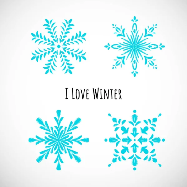 Conjunto de azul copo de nieve icono con texto, vector doodle diseño . — Vector de stock