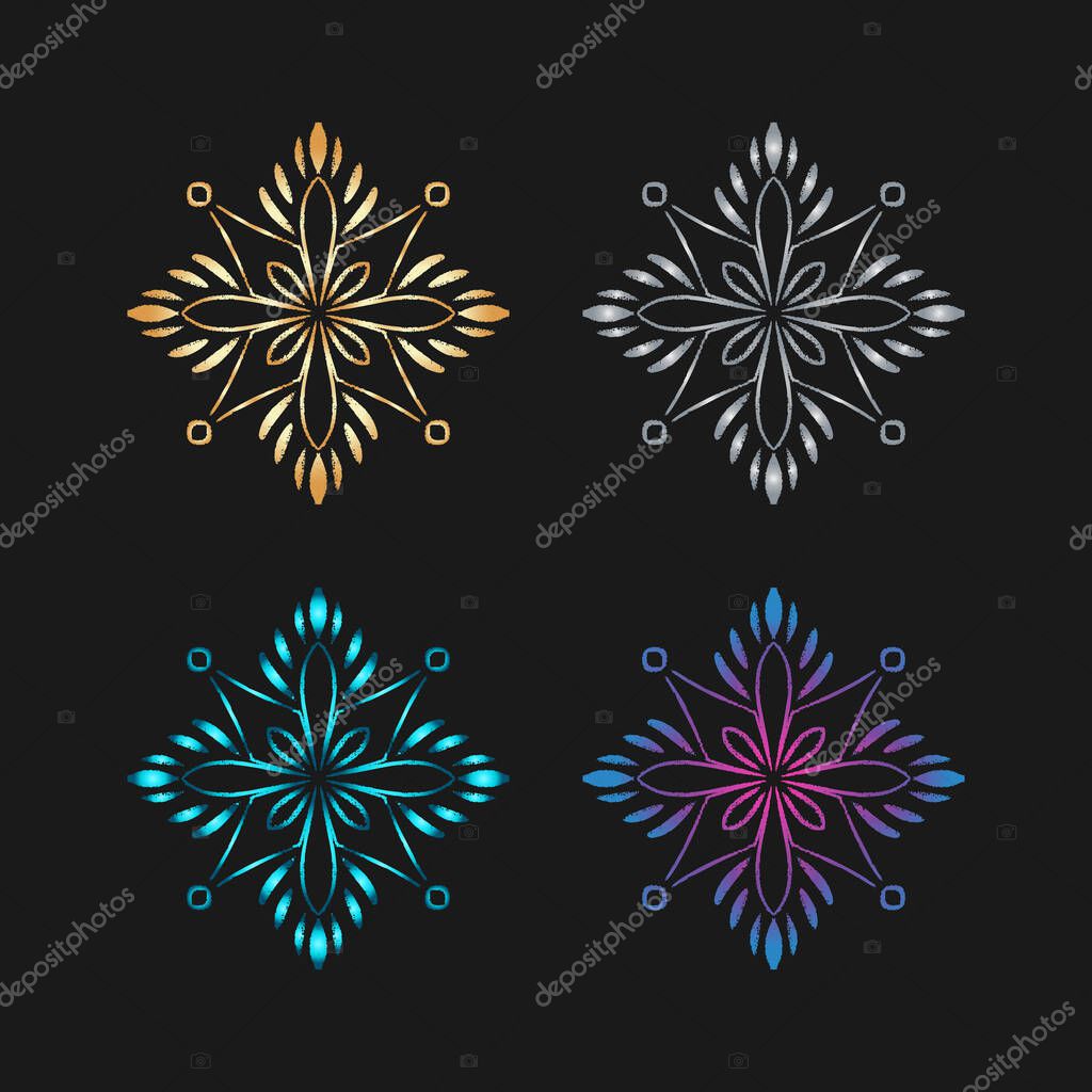 Hand draw doodle snowflake on different color: gold, silver, blue, purple for decor and designs. Doodle boho element for greeting card or businesses banner. Can be used for textile and warping paper.