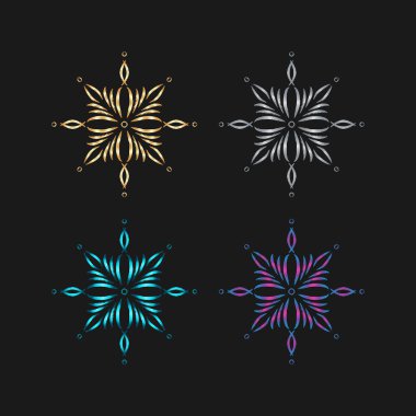 El çizimi kar tanesi farklı renkte: altın, gümüş, mavi, dekor ve tasarımlar için mor. Tebrik kartı ya da iş afişi için Doodle boho unsuru. Tekstil ve çarpıtma kağıdı için kullanılabilir.