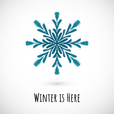 Kış eli, arka planında yazı olan mavi kar tanesi simgesini çizer. Basit karalama tasarımı. Kış tatili kartı ve etkinlikleri, ambalaj kağıdı ve tekstil için güzel bir ifade içeren vektör illüstrasyonu.