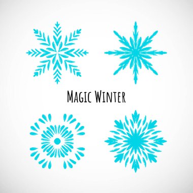 Vignette arkaplanında yazı olan el çizimi mavi kar tanesi simgesi seti. Karalama tasarımı. Bayram kartı, etkinlik, ambalaj kağıdı ve tekstil için vektör kış çizimi. 4 kış sembolü koleksiyonu.