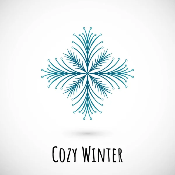 Kış eli, arka planında yazı olan mavi kar tanesi simgesini çizer. Basit karalama tasarımı. Kış tatili kartı ve etkinlikleri, ambalaj kağıdı ve tekstil için güzel bir ifade içeren vektör illüstrasyonu.