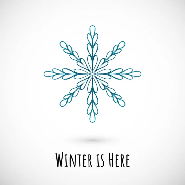 Kış eli, arka planında yazı olan mavi kar tanesi simgesini çizer. Basit karalama tasarımı. Kış tatili kartı ve etkinlikleri, ambalaj kağıdı ve tekstil için güzel bir ifade içeren vektör illüstrasyonu.