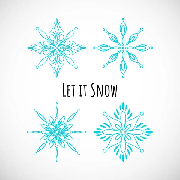 Vignette arkaplanında yazı olan el çizimi mavi kar tanesi simgesi seti. Karalama tasarımı. Bayram kartı, etkinlik, ambalaj kağıdı ve tekstil için vektör kış çizimi. 4 kış sembolü koleksiyonu.
