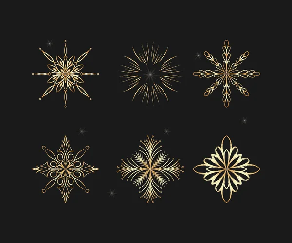 Siyah arkaplanda vektör altın kar tanesi var. Kartlar, tekstil ve ambalaj kağıtları için karalama dekorları. Kışın ve soğuğun sembolü. Kış tatili ve etkinlikleri için vektör illüstrasyonu.