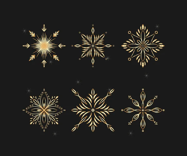 Siyah arkaplanda vektör altın kar tanesi var. Kartlar, tekstil ve ambalaj kağıtları için karalama dekorları. Kışın ve soğuğun sembolü. Kış tatili ve etkinlikleri için vektör illüstrasyonu.