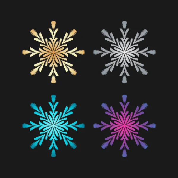 El çizimi kar tanesi farklı renkte: altın, gümüş, mavi, dekor ve tasarımlar için mor. Tebrik kartı ya da iş afişi için Doodle boho unsuru. Tekstil ve çarpıtma kağıdı için kullanılabilir.