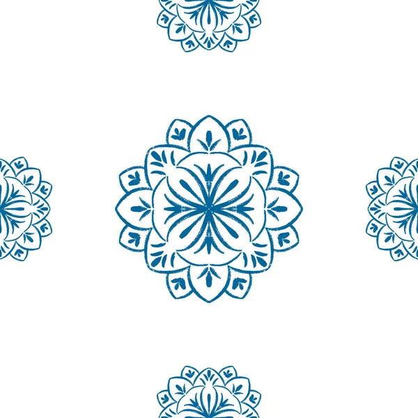 Mavi mandala çiçeği pürüzsüz desen tasarımı. Doodle Mandala illüstrasyonu. Parmak izi, tekstil, ev dekorasyonu ve ambalaj kağıdı için el çizimi süsü. Boho etnik tasarımı.
