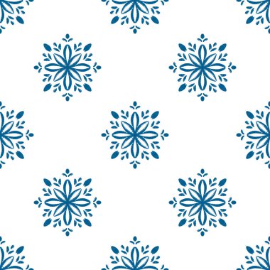 Mavi mandala çiçeği pürüzsüz desen tasarımı. Doodle Mandala illüstrasyonu. Parmak izi, tekstil, ev dekorasyonu ve ambalaj kağıdı için el çizimi süsü. Boho etnik tasarımı.