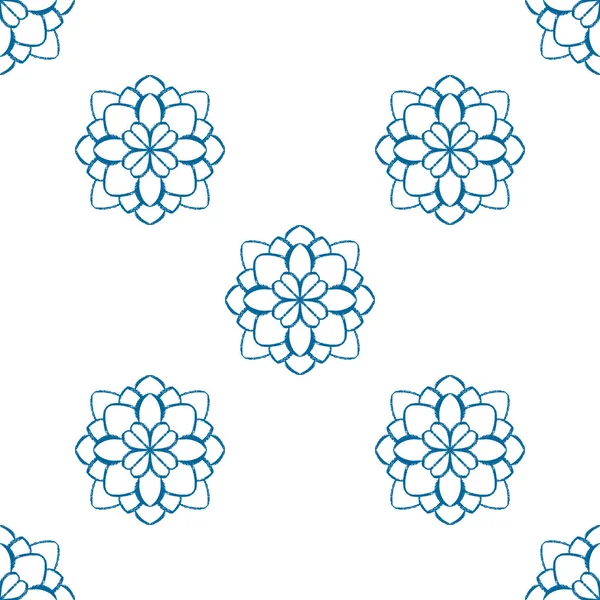 Mavi mandala çiçeği pürüzsüz desen tasarımı. Doodle Mandala illüstrasyonu. Parmak izi, tekstil, ev dekorasyonu ve ambalaj kağıdı için el çizimi süsü. Boho etnik tasarımı.