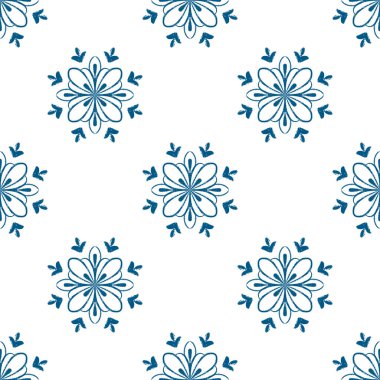 Mavi mandala çiçeği pürüzsüz desen tasarımı. Doodle Mandala illüstrasyonu. Parmak izi, tekstil, ev dekorasyonu ve ambalaj kağıdı için el çizimi süsü. Boho etnik tasarımı.