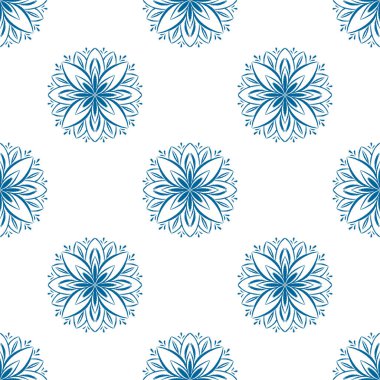 Mavi mandala çiçeği pürüzsüz desen tasarımı. Doodle Mandala illüstrasyonu. Parmak izi, tekstil, ev dekorasyonu ve ambalaj kağıdı için el çizimi süsü. Boho etnik tasarımı.