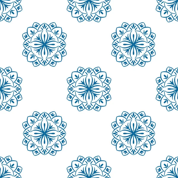 Mandala Flor Azul Design Padrão Sem Costura Doodle Mandala Ilustração —  Vetores de Stock