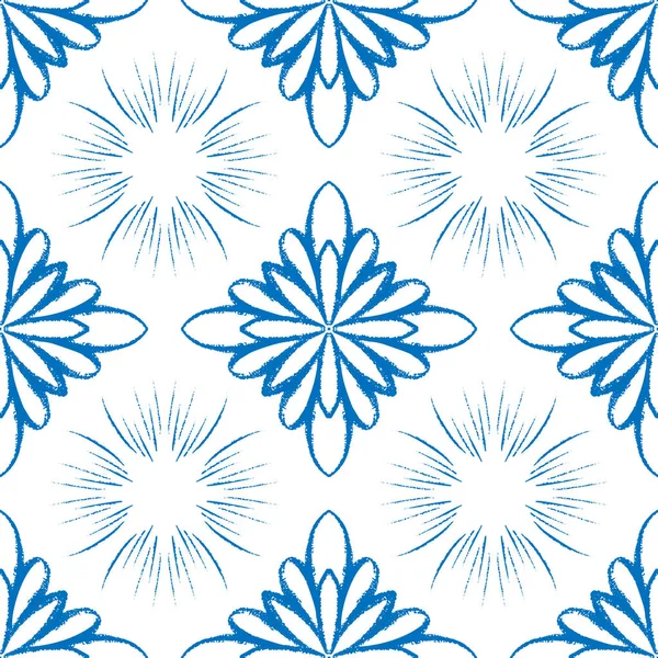 Blue Tile Snowflake Seamless Pattern Design Doodle Snow Mandala Illustration — Stock Vector