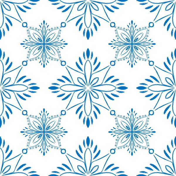 Blå kakel sömlös mönster design. Doodle snö eller Mandala illustration. — Stock vektor