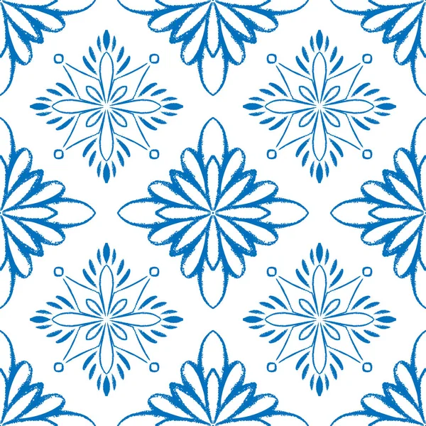 Mavi fayanslı kar tanesi kusursuz desen tasarımı. Karla kaplama ya da mandala çizimi. Parmak izi, tekstil, ev dekorasyonu ve ambalaj kağıdı için el çizimi süsü. Boho etnik tasarımı.