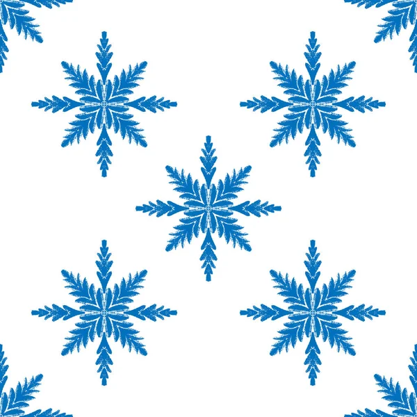 Blue Snowflake Doodle Seamless Pattern White Background Hand Draw Winter — Stock Vector