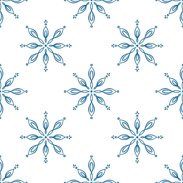 Mavi kar tanesi, beyaz arka planda kusursuz desen çiziyor. El çizimi kış öğeleri ve bayram kartı, baskı, etkinlik, ambalaj kağıdı ve tekstil sembolü. Ev ve tekstil için Doodle vektör tasarımı